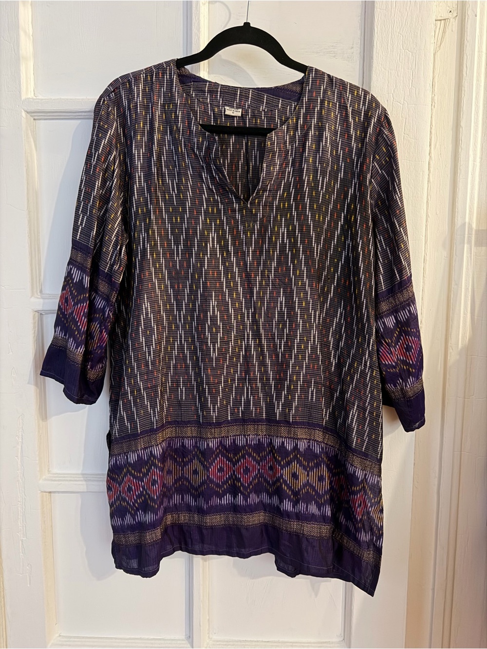 Purple Patterned V-Neck Tunic Top 100% Silk